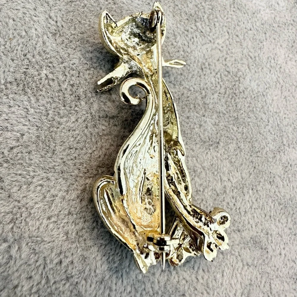 Vintage Elegant French Gold And Black Enamel Rhinestone Whiskers Cat Brooch Pin - Picture 4 of 4